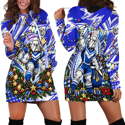 Personalized Canterbury Bankstown Bulldogs Rugby Christmas Hoodie Dress Holiday Mascot Graphic Art Festive Lights Bow