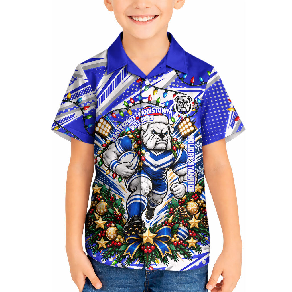 Personalized Canterbury Bankstown Bulldogs Rugby Christmas Kid Hawaiian Shirt Holiday Mascot Graphic Art Festive Lights Bow