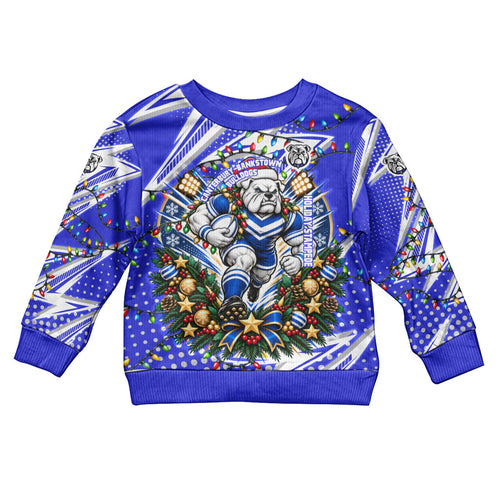Personalized Canterbury Bankstown Bulldogs Rugby Christmas Kid Ugly Christmas Sweater Holiday Mascot Graphic Art Festive Lights Bow