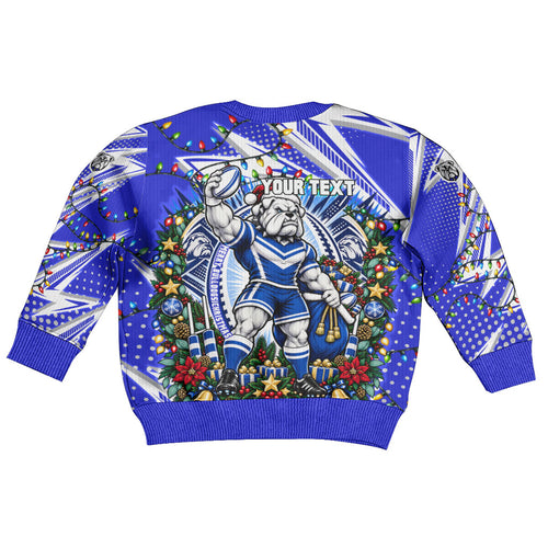 Personalized Canterbury Bankstown Bulldogs Rugby Christmas Kid Ugly Christmas Sweater Holiday Mascot Graphic Art Festive Lights Bow