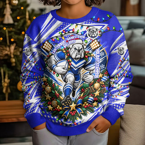 Personalized Canterbury Bankstown Bulldogs Rugby Christmas Kid Ugly Christmas Sweater Holiday Mascot Graphic Art Festive Lights Bow