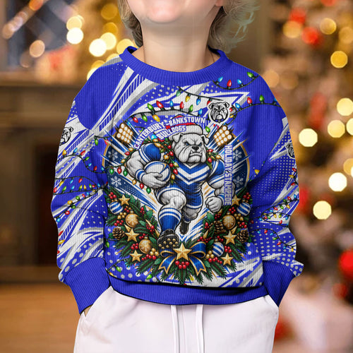 Personalized Canterbury Bankstown Bulldogs Rugby Christmas Kid Ugly Christmas Sweater Holiday Mascot Graphic Art Festive Lights Bow