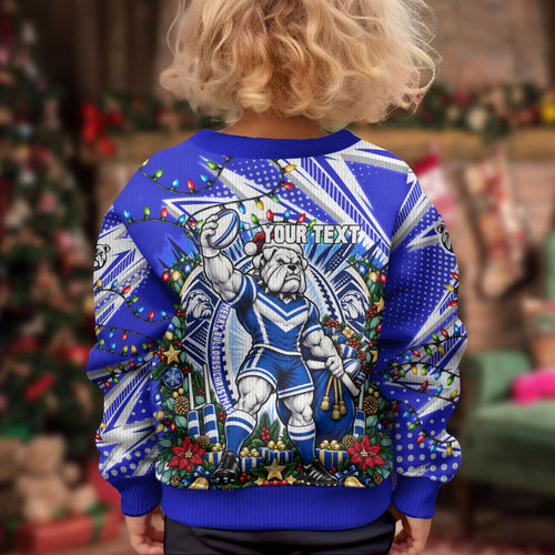 Personalized Canterbury Bankstown Bulldogs Rugby Christmas Kid Ugly Christmas Sweater Holiday Mascot Graphic Art Festive Lights Bow