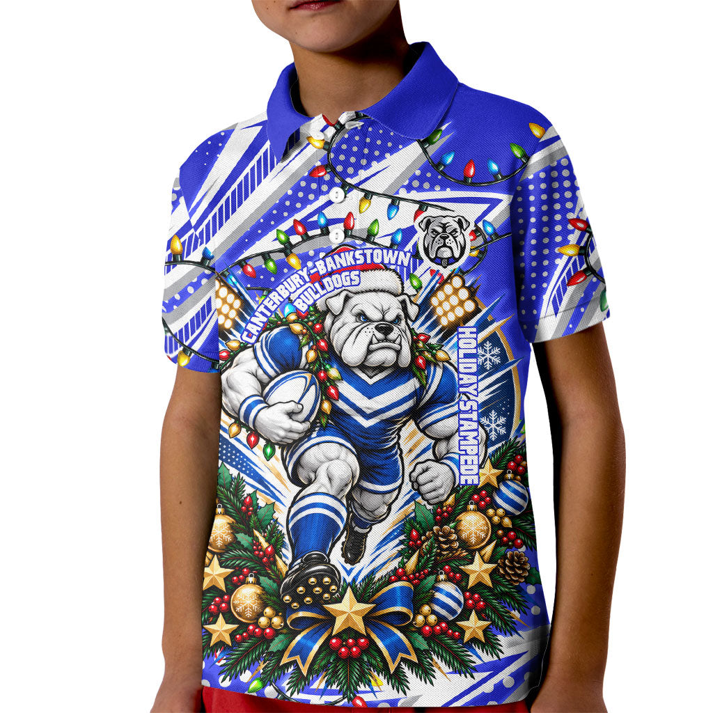 Personalized Canterbury Bankstown Bulldogs Rugby Christmas Kid Polo Shirt Holiday Mascot Graphic Art Festive Lights Bow