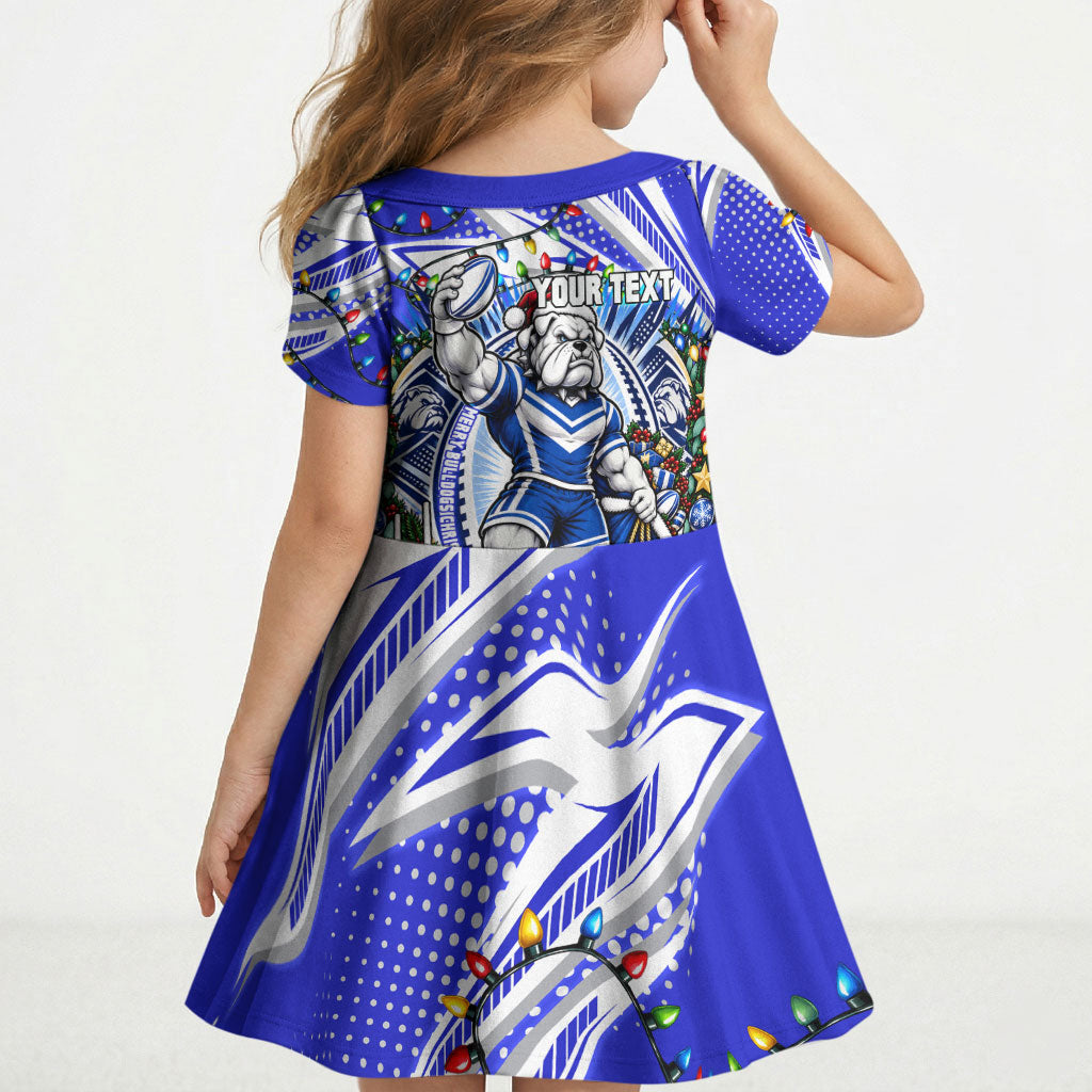 Personalized Canterbury Bankstown Bulldogs Rugby Christmas Kid Short Sleeve Dress Holiday Mascot Graphic Art Festive Lights Bow