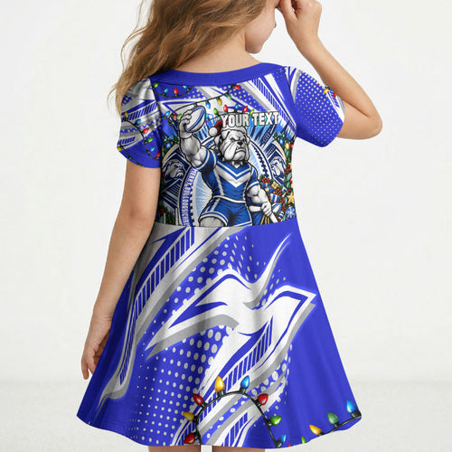 Personalized Canterbury Bankstown Bulldogs Rugby Christmas Kid Short Sleeve Dress Holiday Mascot Graphic Art Festive Lights Bow