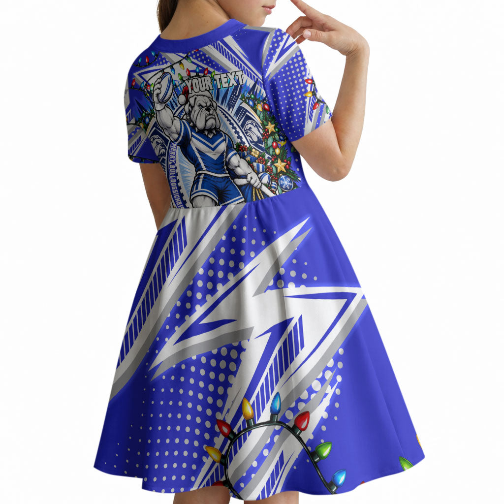 Personalized Canterbury Bankstown Bulldogs Rugby Christmas Kid Short Sleeve Dress Holiday Mascot Graphic Art Festive Lights Bow