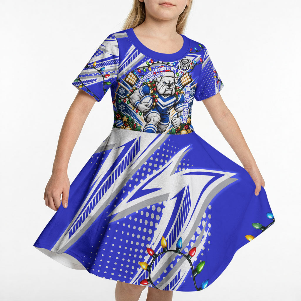 Personalized Canterbury Bankstown Bulldogs Rugby Christmas Kid Short Sleeve Dress Holiday Mascot Graphic Art Festive Lights Bow
