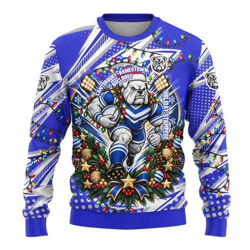 Personalized Canterbury Bankstown Bulldogs Rugby Christmas Ugly Christmas Sweater Holiday Mascot Graphic Art Festive Lights Bow