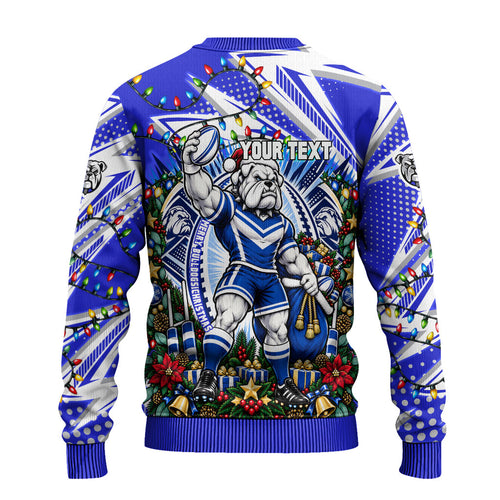Personalized Canterbury Bankstown Bulldogs Rugby Christmas Ugly Christmas Sweater Holiday Mascot Graphic Art Festive Lights Bow
