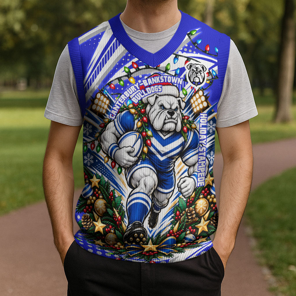 Personalized Canterbury Bankstown Bulldogs Rugby Christmas Knitted V-Neck Vest Holiday Mascot Graphic Art Festive Lights Bow
