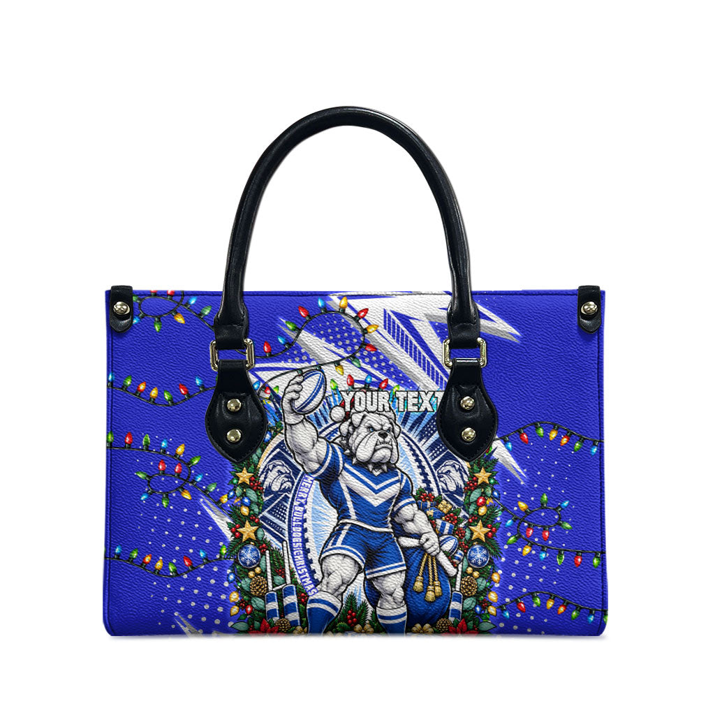 Personalized Canterbury Bankstown Bulldogs Rugby Christmas Leather Bag Holiday Mascot Graphic Art Festive Lights Bow