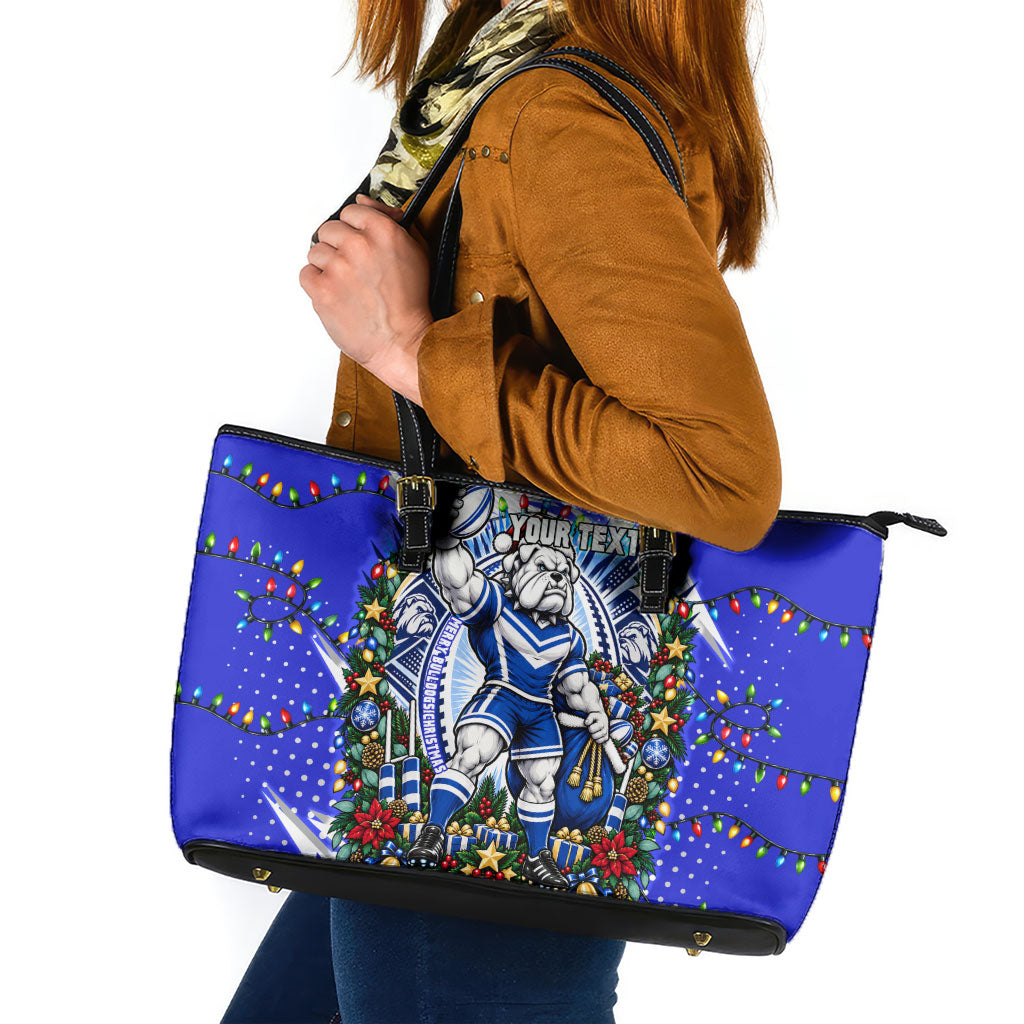 Personalized Canterbury Bankstown Bulldogs Rugby Christmas Leather Tote Bag Holiday Mascot Graphic Art Festive Lights Bow