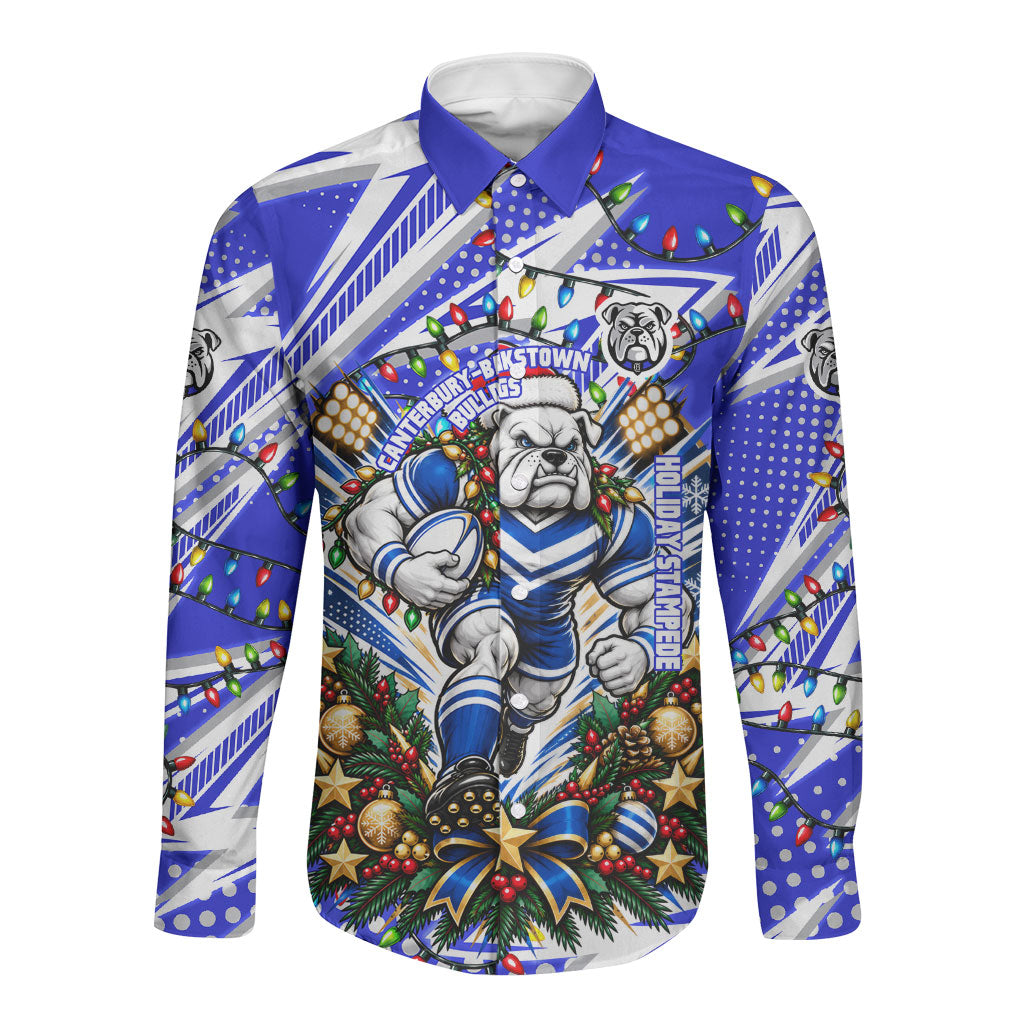 Personalized Canterbury Bankstown Bulldogs Rugby Christmas Long Sleeve Button Shirt Holiday Mascot Graphic Art Festive Lights Bow