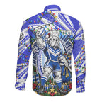 Personalized Canterbury Bankstown Bulldogs Rugby Christmas Long Sleeve Button Shirt Holiday Mascot Graphic Art Festive Lights Bow
