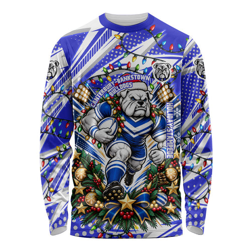 Personalized Canterbury Bankstown Bulldogs Rugby Christmas Long Sleeve Shirt Holiday Mascot Graphic Art Festive Lights Bow