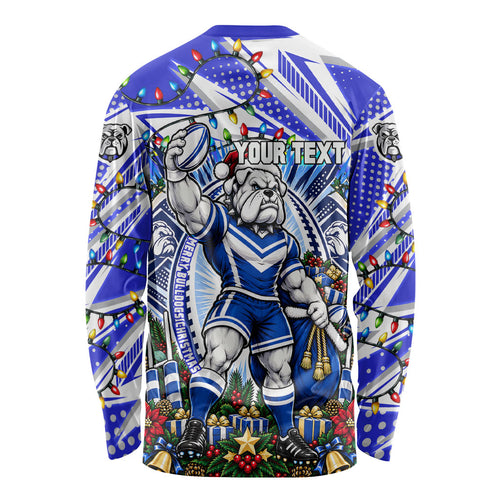 Personalized Canterbury Bankstown Bulldogs Rugby Christmas Long Sleeve Shirt Holiday Mascot Graphic Art Festive Lights Bow