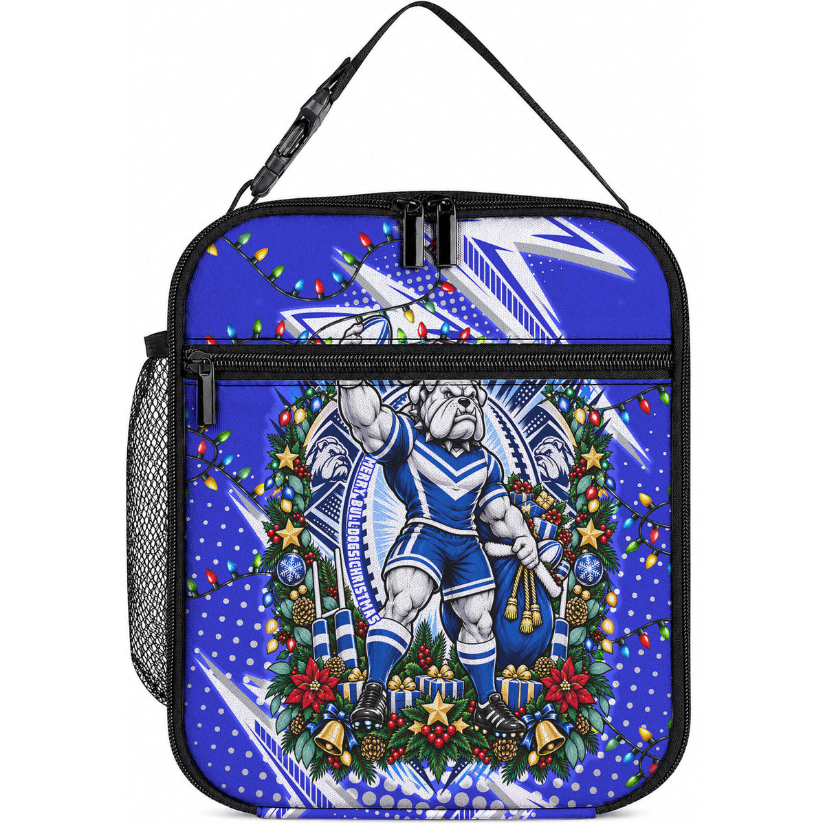 Personalized Canterbury Bankstown Bulldogs Rugby Christmas Lunch Bag Holiday Mascot Graphic Art Festive Lights Bow