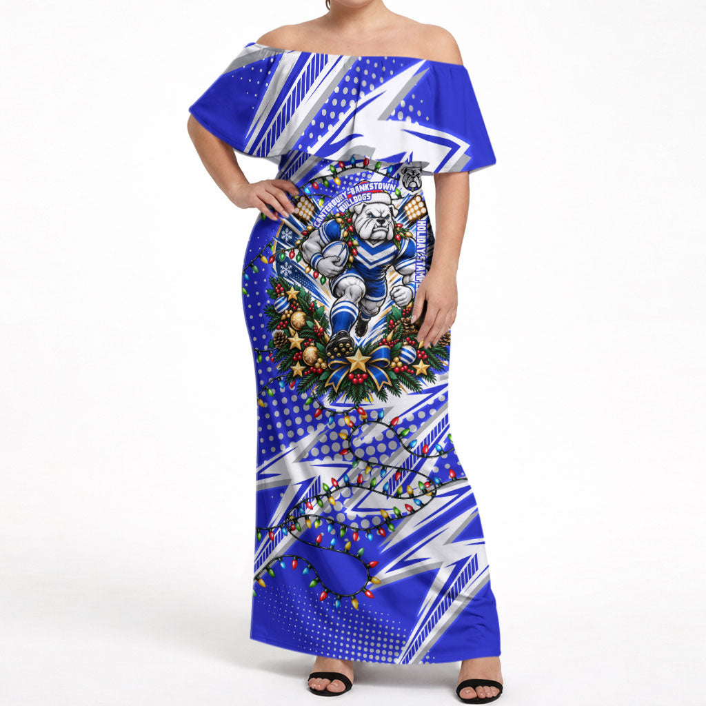 Personalized Canterbury Bankstown Bulldogs Rugby Christmas Off Shoulder Maxi Dress Holiday Mascot Graphic Art Festive Lights Bow