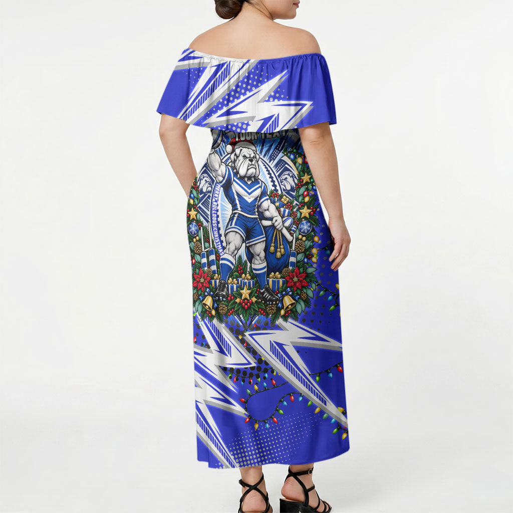 Personalized Canterbury Bankstown Bulldogs Rugby Christmas Off Shoulder Maxi Dress Holiday Mascot Graphic Art Festive Lights Bow