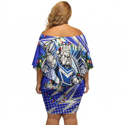 Personalized Canterbury Bankstown Bulldogs Rugby Christmas Off Shoulder Short Dress Holiday Mascot Graphic Art Festive Lights Bow