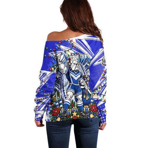 Personalized Canterbury Bankstown Bulldogs Rugby Christmas Off Shoulder Sweater Holiday Mascot Graphic Art Festive Lights Bow