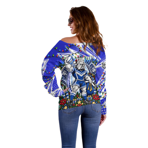 Personalized Canterbury Bankstown Bulldogs Rugby Christmas Off Shoulder Sweater Holiday Mascot Graphic Art Festive Lights Bow