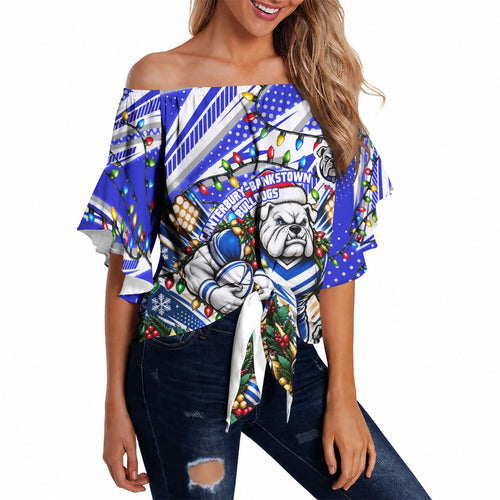Personalized Canterbury Bankstown Bulldogs Rugby Christmas Off Shoulder Wrap Waist Top Holiday Mascot Graphic Art Festive Lights Bow