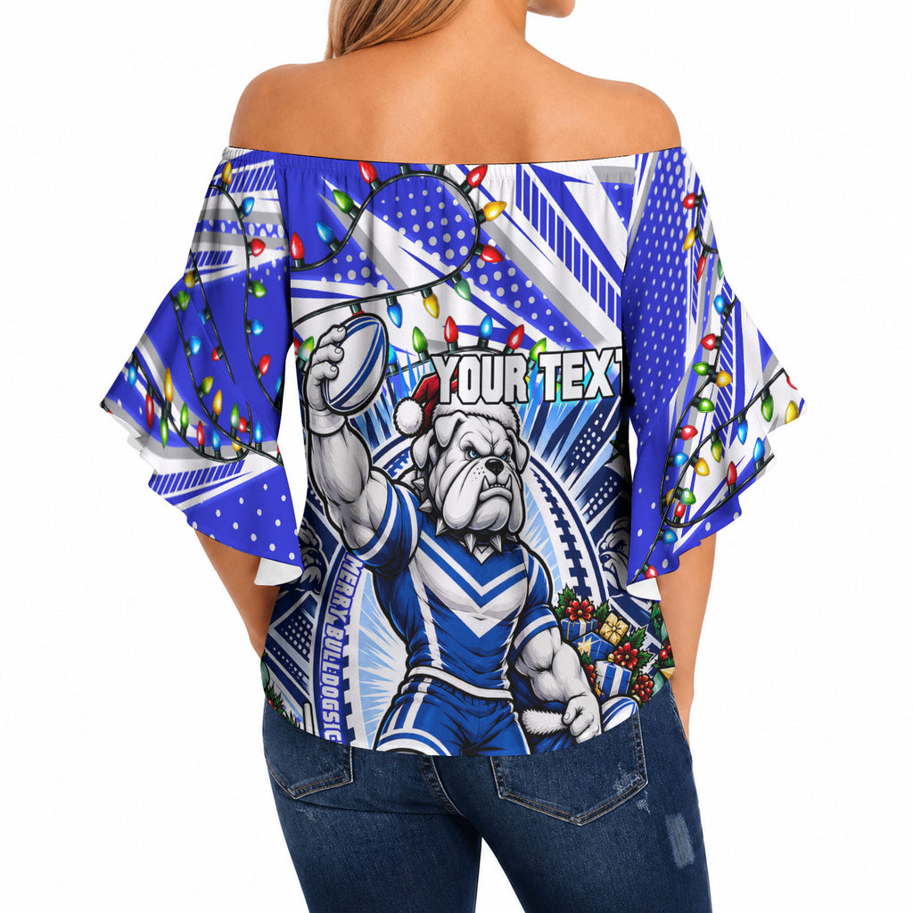Personalized Canterbury Bankstown Bulldogs Rugby Christmas Off Shoulder Wrap Waist Top Holiday Mascot Graphic Art Festive Lights Bow