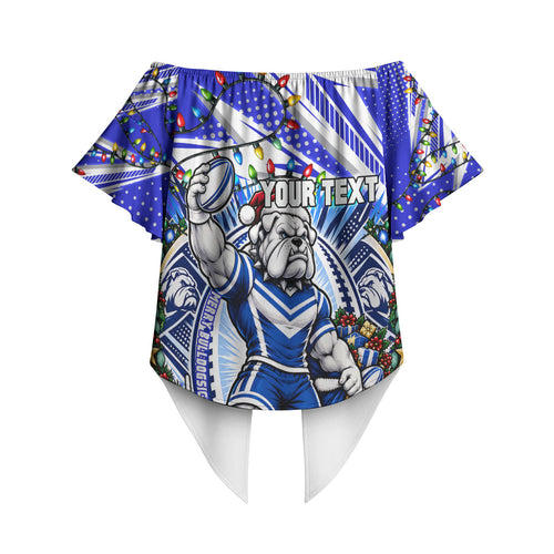 Personalized Canterbury Bankstown Bulldogs Rugby Christmas Off Shoulder Wrap Waist Top Holiday Mascot Graphic Art Festive Lights Bow