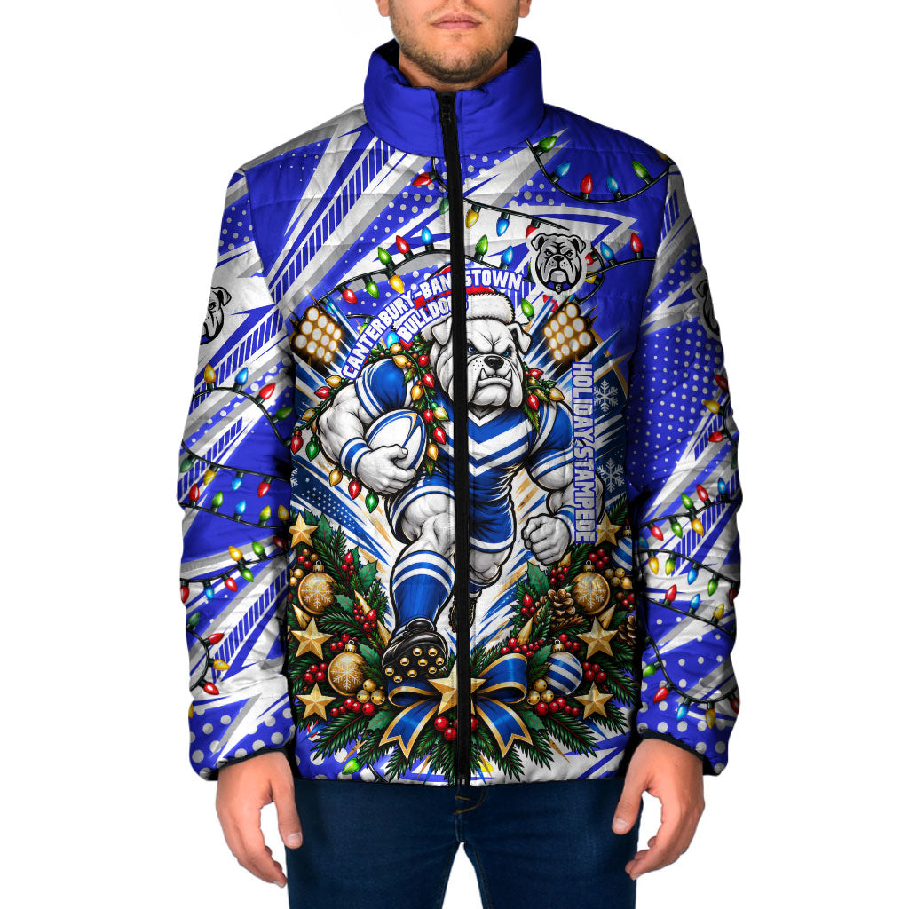 Personalized Canterbury Bankstown Bulldogs Rugby Christmas Padded Jacket Holiday Mascot Graphic Art Festive Lights Bow