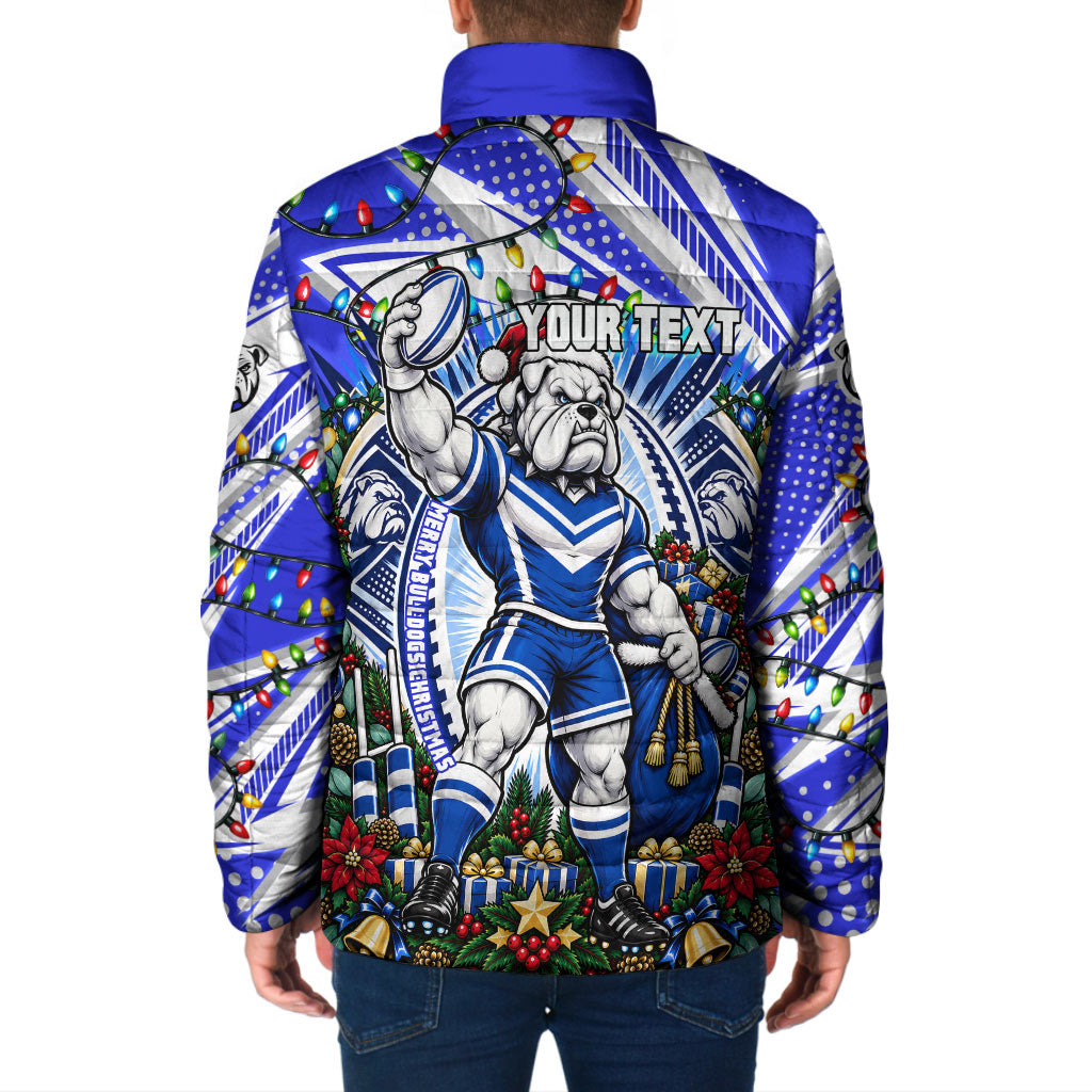 Personalized Canterbury Bankstown Bulldogs Rugby Christmas Padded Jacket Holiday Mascot Graphic Art Festive Lights Bow