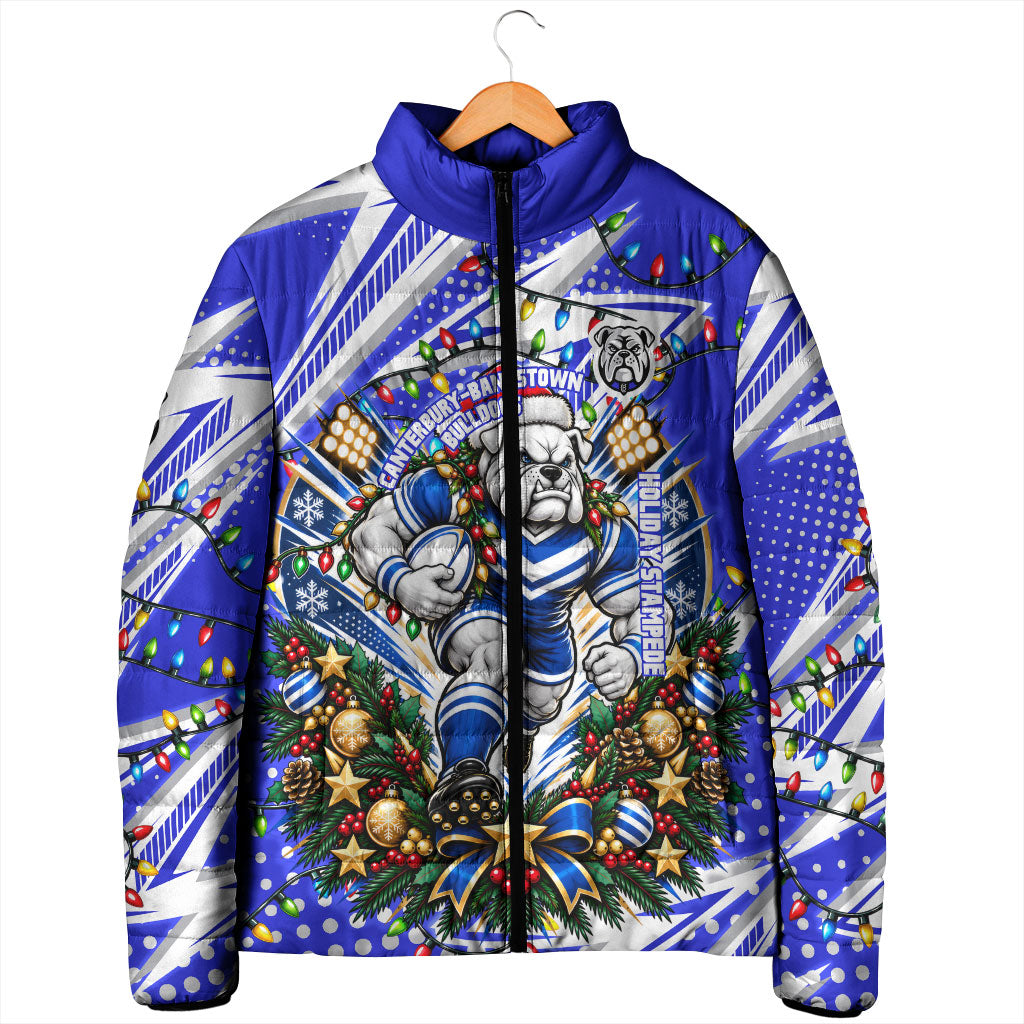 Personalized Canterbury Bankstown Bulldogs Rugby Christmas Padded Jacket Holiday Mascot Graphic Art Festive Lights Bow