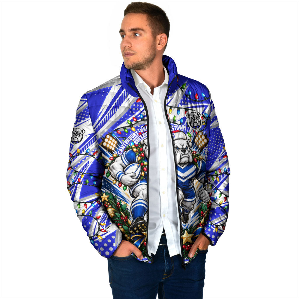 Personalized Canterbury Bankstown Bulldogs Rugby Christmas Padded Jacket Holiday Mascot Graphic Art Festive Lights Bow