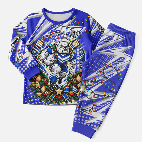 Personalized Canterbury Bankstown Bulldogs Rugby Christmas Pajama Set Holiday Mascot Graphic Art Festive Lights Bow