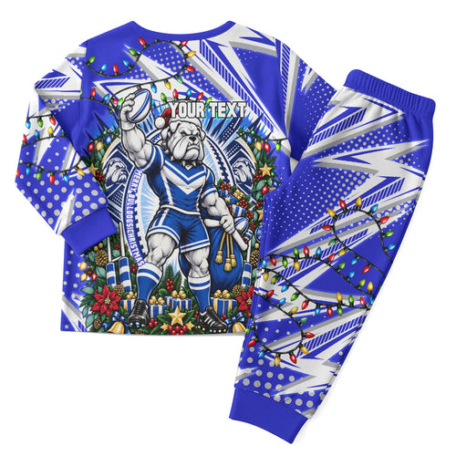 Personalized Canterbury Bankstown Bulldogs Rugby Christmas Pajama Set Holiday Mascot Graphic Art Festive Lights Bow