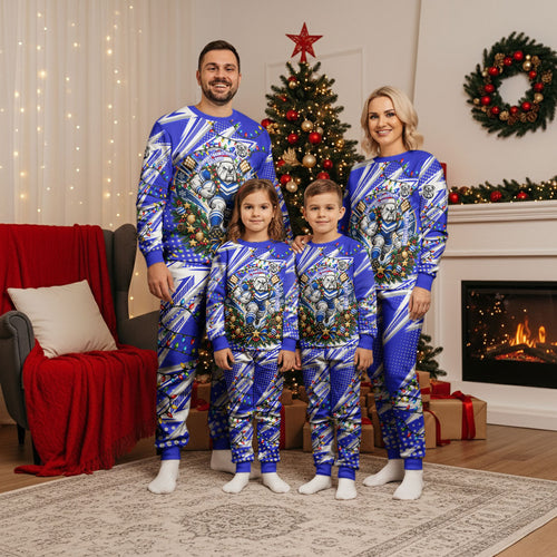 Personalized Canterbury Bankstown Bulldogs Rugby Christmas Pajama Set Holiday Mascot Graphic Art Festive Lights Bow