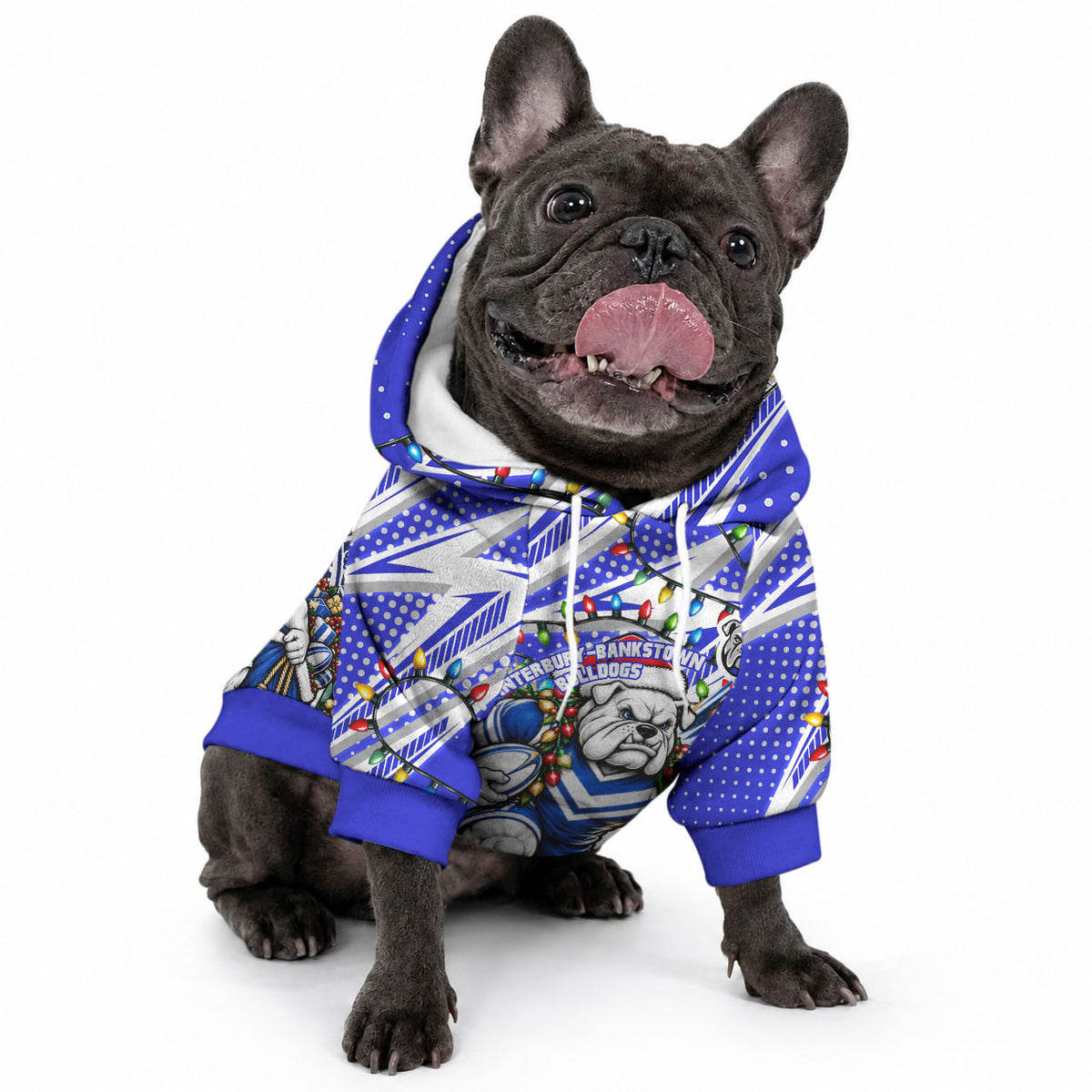 Personalized Canterbury Bankstown Bulldogs Rugby Christmas Pet Hoodie Holiday Mascot Graphic Art Festive Lights Bow