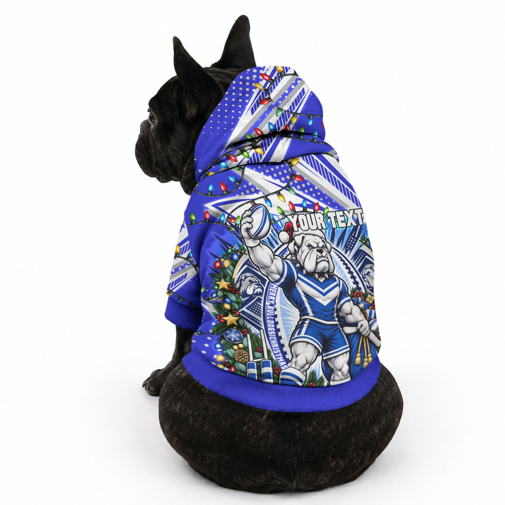 Personalized Canterbury Bankstown Bulldogs Rugby Christmas Pet Hoodie Holiday Mascot Graphic Art Festive Lights Bow
