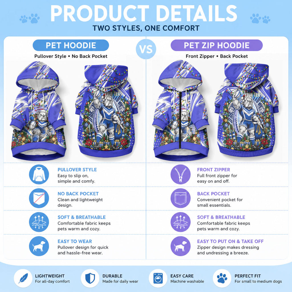 Personalized Canterbury Bankstown Bulldogs Rugby Christmas Pet Hoodie Holiday Mascot Graphic Art Festive Lights Bow