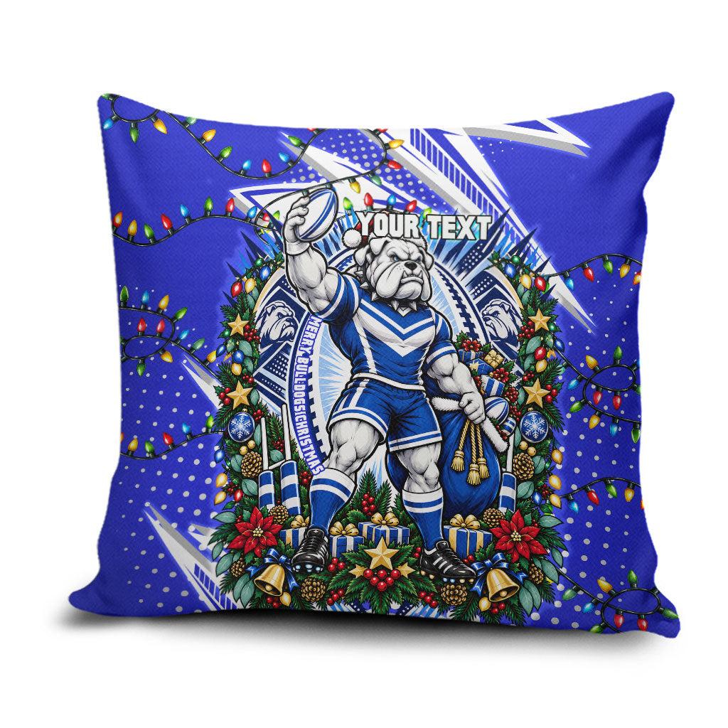 Personalized Canterbury Bankstown Bulldogs Rugby Christmas Pillow Cover Holiday Mascot Graphic Art Festive Lights Bow