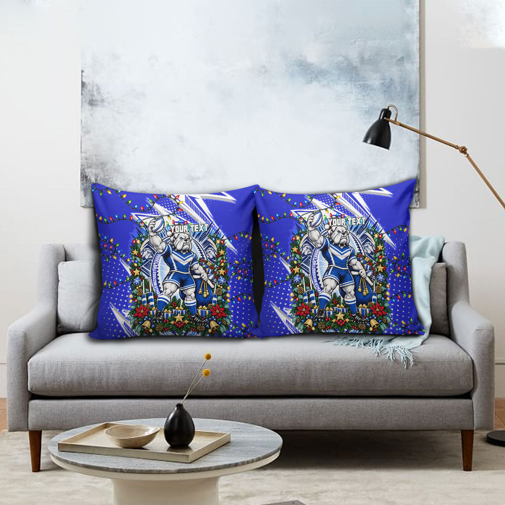 Personalized Canterbury Bankstown Bulldogs Rugby Christmas Pillow Cover Holiday Mascot Graphic Art Festive Lights Bow