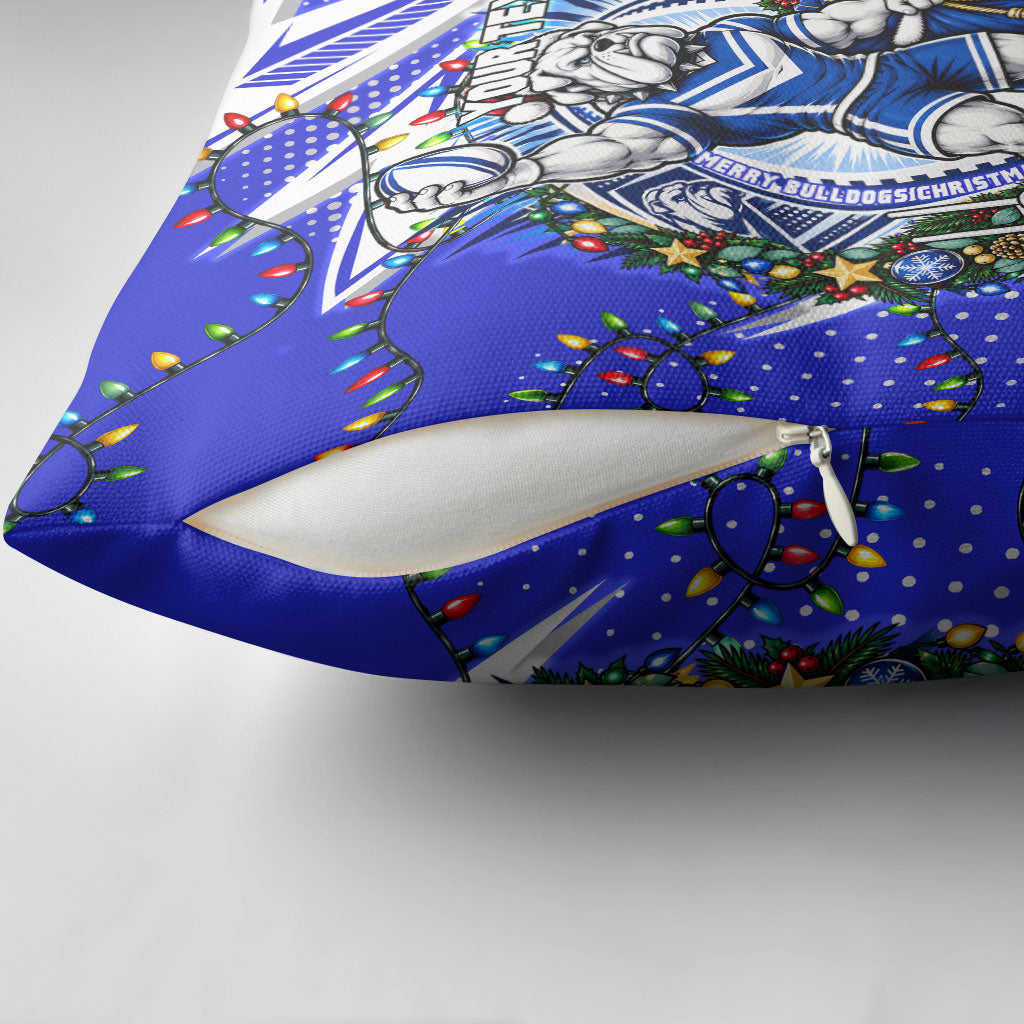 Personalized Canterbury Bankstown Bulldogs Rugby Christmas Pillow Cover Holiday Mascot Graphic Art Festive Lights Bow
