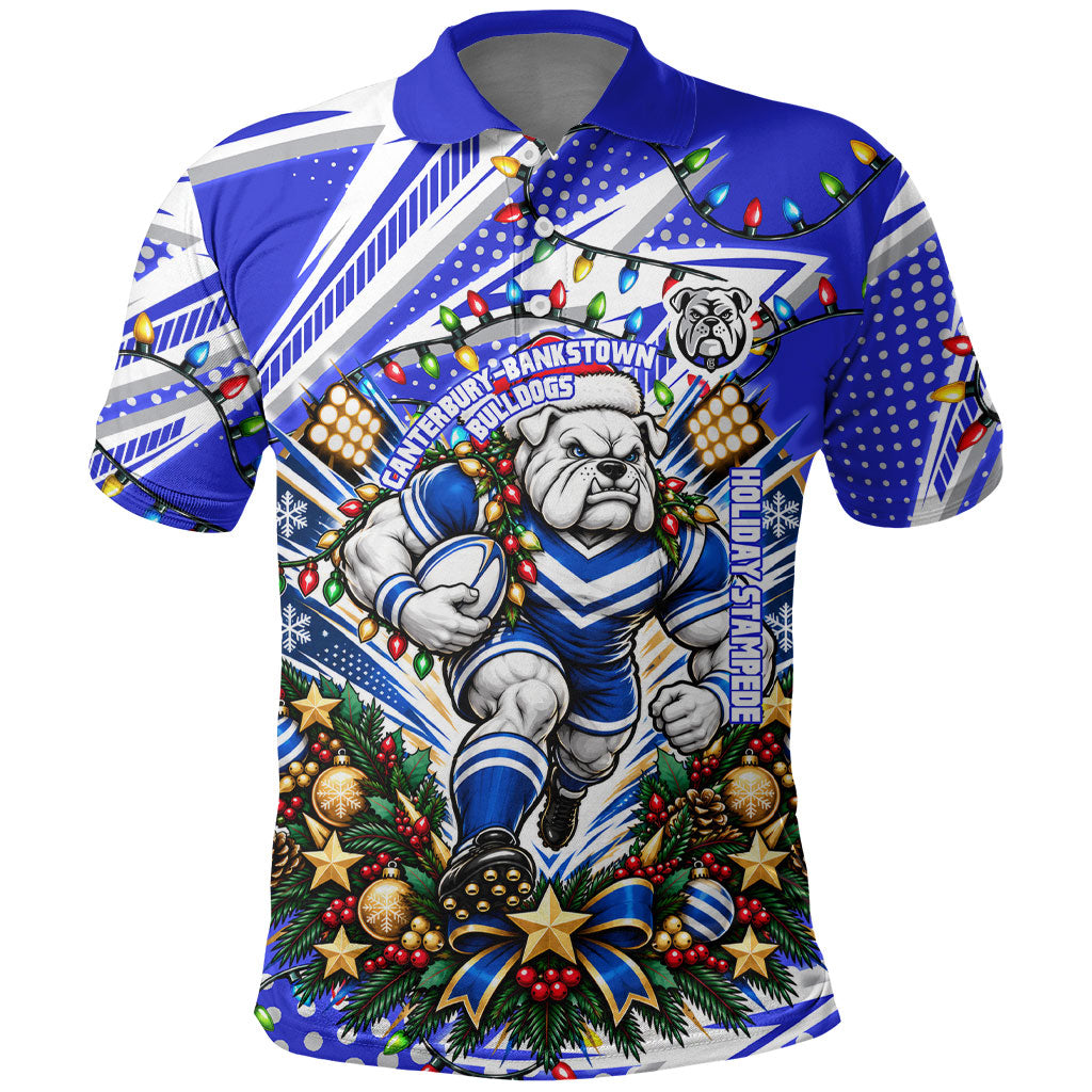 Personalized Canterbury Bankstown Bulldogs Rugby Christmas Polo Shirt Holiday Mascot Graphic Art Festive Lights Bow