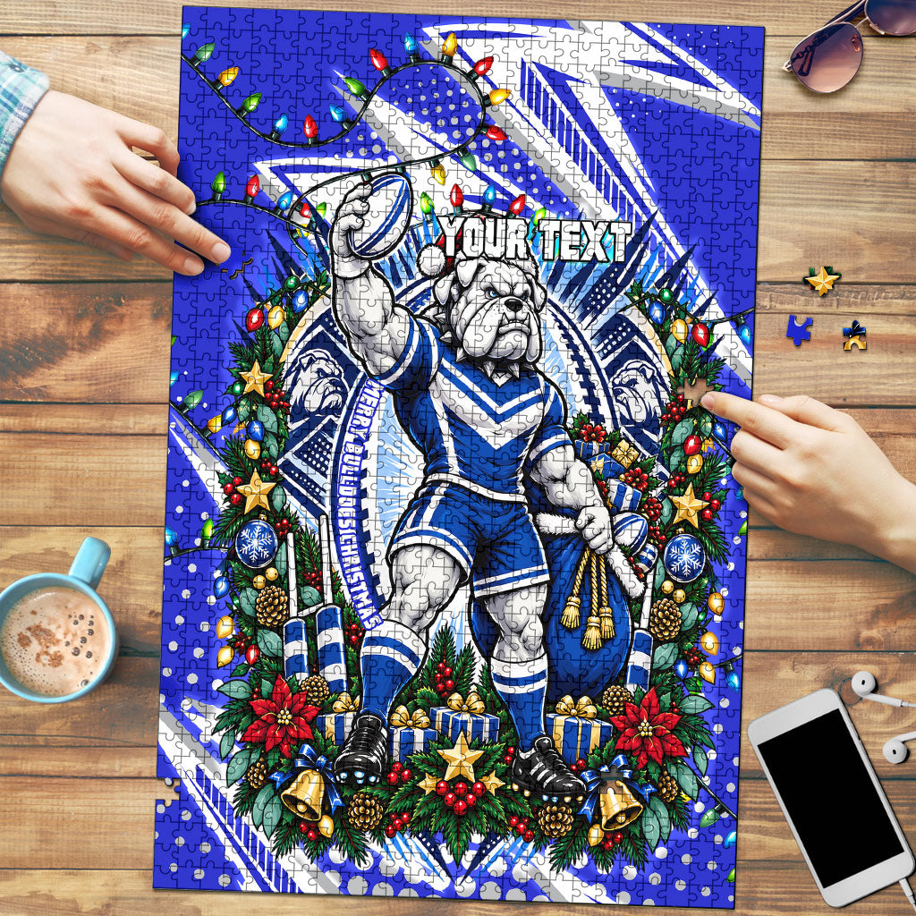 Personalized Canterbury Bankstown Bulldogs Rugby Christmas Puzzle Holiday Mascot Graphic Art Festive Lights Bow