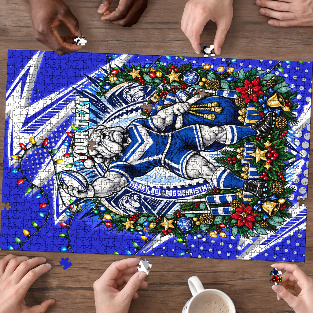 Personalized Canterbury Bankstown Bulldogs Rugby Christmas Puzzle Holiday Mascot Graphic Art Festive Lights Bow