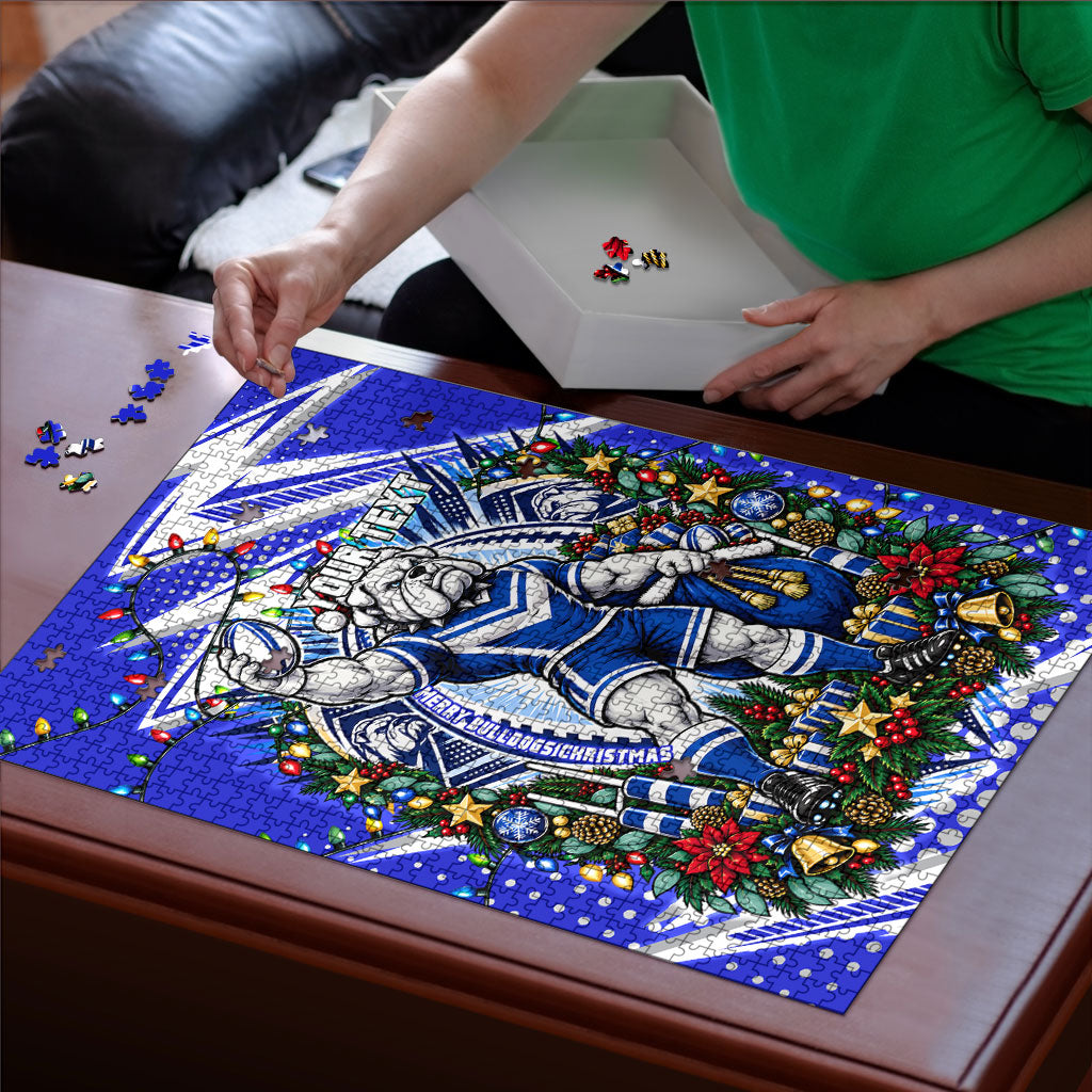 Personalized Canterbury Bankstown Bulldogs Rugby Christmas Puzzle Holiday Mascot Graphic Art Festive Lights Bow