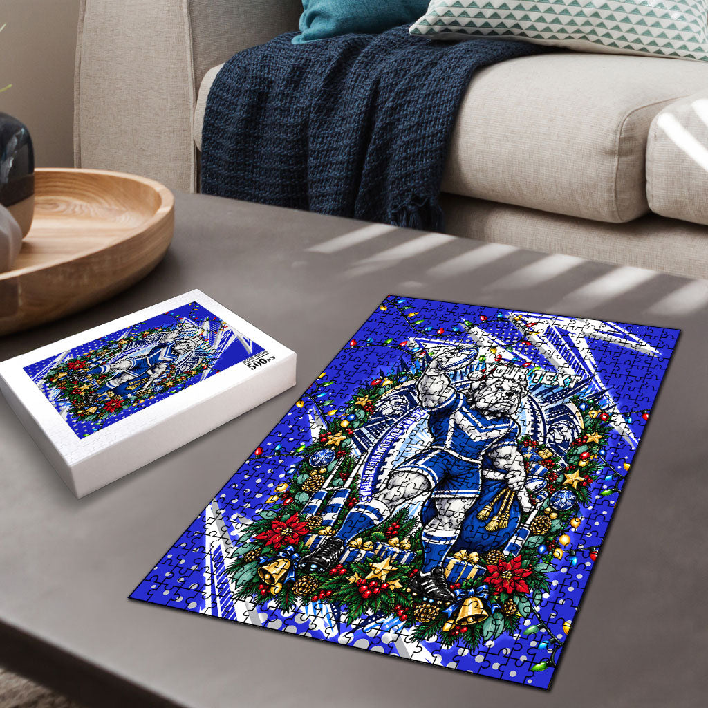 Personalized Canterbury Bankstown Bulldogs Rugby Christmas Puzzle Holiday Mascot Graphic Art Festive Lights Bow