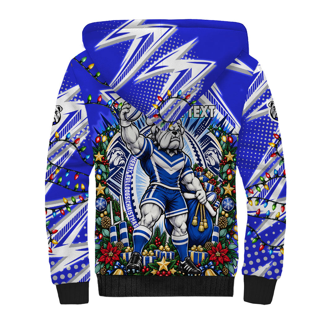 Personalized Canterbury Bankstown Bulldogs Rugby Christmas Sherpa Hoodie Holiday Mascot Graphic Art Festive Lights Bow