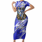 Personalized Canterbury Bankstown Bulldogs Rugby Christmas Short Sleeve Bodycon Dress Holiday Mascot Graphic Art Festive Lights Bow